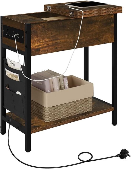 0004CHJ Bijzettafel met Laadstation, Nachtkastje met Laadfunctie, Salontafel, Koffietafel met Opbergruimte, Kleine Tafel, USB-poort, Stopcontact, Draagtas, Opvouwbaar Tafelblad, Vintage Bruin