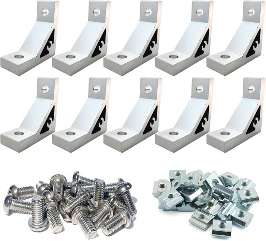 10 sets 90° hoek aluminium profiel hoeksteun scharnier connector voor 2020 serie inclusief 10 stuks hoekhouders, 20 stuks M6 T-moeren, 20 stuks M6 x 14 mm zeskantschroef voor