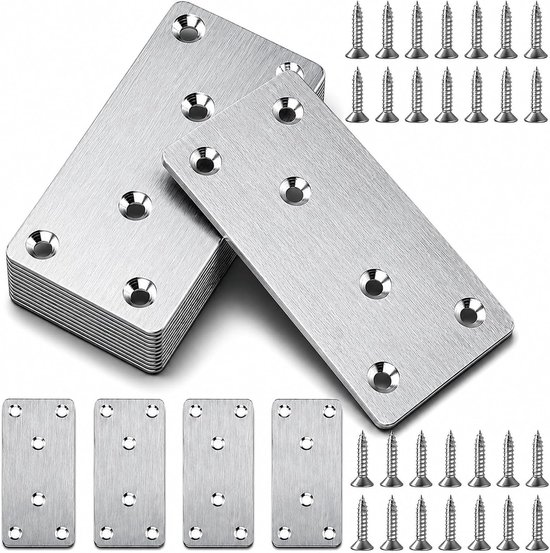 10 stukjes roestvrijstalen platte verbinders, zilver, geperforeerde platen | metalen platen, houten connector, platte hoek, platte hoek, verbindingsplaat, verbindingsplaat, met 60 schroeven