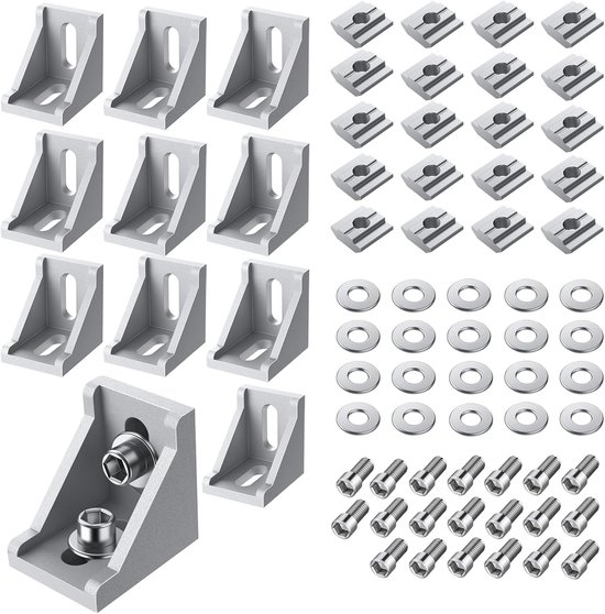 10 stuks 3030 aluminium hoekmontagebeugels, 90 graden hoekconnector 3030 extrusieprofiel L-vormige hoekgezamenlijke beugels met 8 mm sleuven, bevestiging met M6 zeskantschroeven en T-moeren