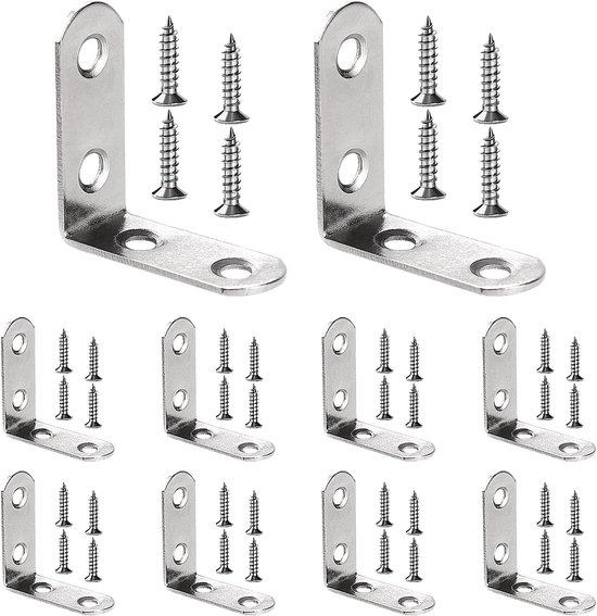 10 Stuks 40x40x16x2 mm L-beugels, Hoekbeugels, 90 Graden Haakse Beugelbevestiging, Roestvrijstalen L-vormige Hoekbeugels, met 40 Stuks Schroeven, voor Meubels Bureau Tafelplank