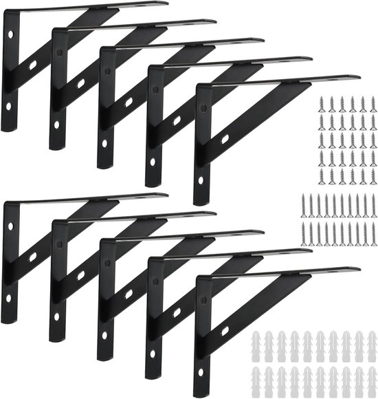 10 Stuks 6 Inch Steunbeugels voor Planken, Driehoekige Beugels met Schroeven voor Boekenkasten en Kasten, Zwart Metaal