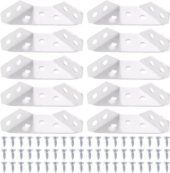10 Stuks Dikte 1.2 mm RVS Hoekbeugel, Trapeziumvormige Hoekbeugels, Hoekbeugels met 60 Schroeven, voor Houten Meubels, Planken, Tafels en Stoelen, Klein Wit