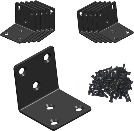 10 stuks hoekverbinders, 50 x 50 x 50 mm, zwart, roestvrij staal, houtverbinders | Balkhoek houtverbinder, A2 V2A metalen hoekverbinder met schroeven voor lade, kast en meubelreparaties