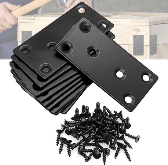 10 Stuks Verbindingsplaat Metalen Connector, Roestvrijstalen Platte Verbinders, Platte Rechte Reparatieplaten, Met 60 Schroeven, Voor Hout-, Meubel- en Doe-Het-Zelfprojecten(80 x 40 x 2 mm)