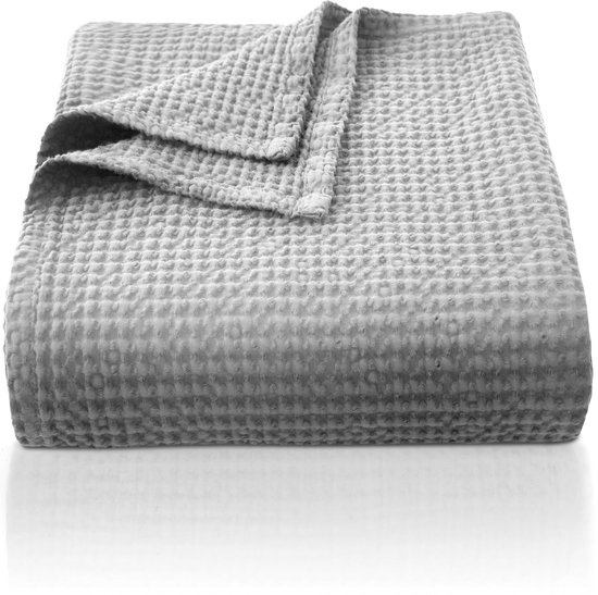 100% katoenen deken 130 x 150 cm, zachte en ademende dagelijkse deken, wafelpatroon lichte deken als sofadeken, zachte knuffelige woondeken voor de woonkamer, sofabank lichtgrijs