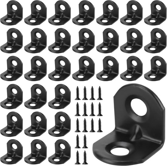 100 stuks hoekverbinders, zwart, 19 x 19 mm, metalen hoek, 90 graden, klein met schroef, hoek, metaal, L-vorm, meubelhoek, houten connector voor kast, houten meubels
