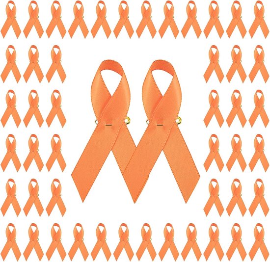 100 Stuks Satijn Ribbons Pins voor Kankerbewustzijn, Leukemie en Geweld - Oranje - 7.5 x 4 cm