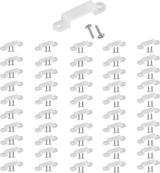 10Packs strip licht montagebeugels, elk pakket bevat 5 stuks transparante bevestigingsclips en 10 stuks schroeven, bevestigd aan beide zijden, voor 8 mm brede strip lichten, totaal 150 stuks
