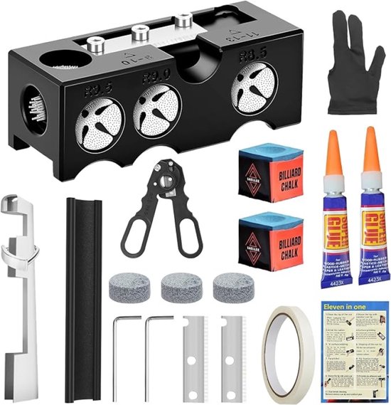 11-in-1 Biljart Cue Tip Reparatie Kit - 11 Stuks Professionele Pool Cue Onderhoudsset met Tips, Vormer, Glue en Accessoires