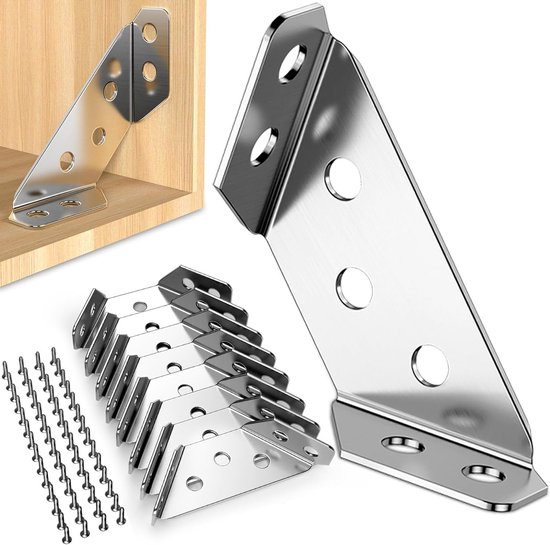 12-delige RVS Hoekverbinder Set, Driehoekige Hoekbeugels voor Hout, Meubelsteun met Schroeven voor Planken, Kasten en Tafels van Merkloos