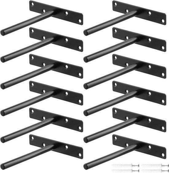 12-delige Zwevende Planksteunen - 6 inch Onzichtbare Planksteunen - 150mm Zwarte Verborgen Wandbeugels voor Houten en Decoratieve Planken