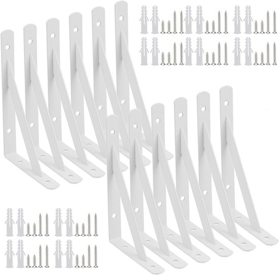 12 Stuks 6 Inch Witte Planksteunen, Metalen Driehoekige Beugels met Schroeven voor Wandplanken en Zwevende Planken, 90 Graden Hoek