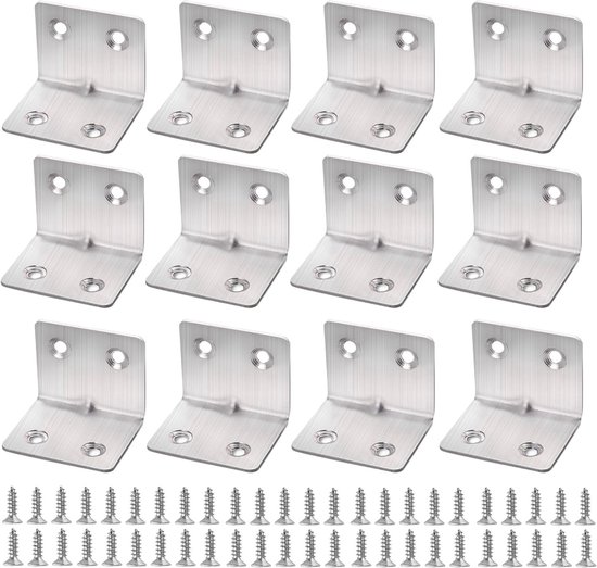 12 Stuks Hoekbeugels van RVS, 30×30×38mm, L-vormige Steunbeugels voor Meubelverbinding, 90 Graden Hoekbeugel met 48 Schroeven, Sterke Hoeksteun voor Houten Meubels