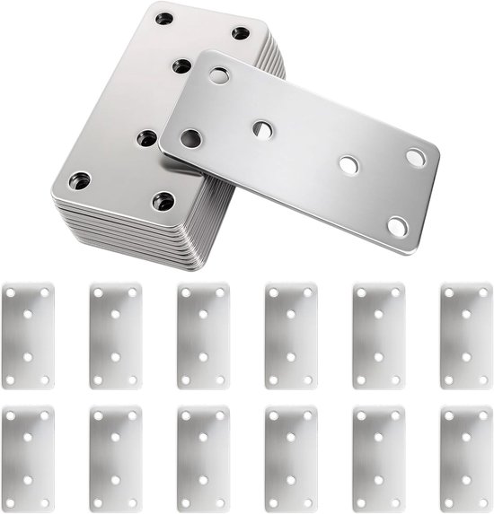 12 stuks platte connectoren, 80 × 40 × 2 mm geperforeerde platen, houten connectoren, geperforeerde platen voor houtverbindingen, meubelbouw, planksteunen, versterkingshoek, zilver