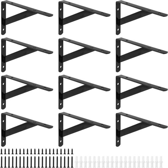 12 Stuks Stevige Wandbeugels voor Planken, Zwarte 90 Graden Hoekbeugels met Schroeven, Ideaal voor Drijvende Tafels en Plankondersteuning, 30 cm