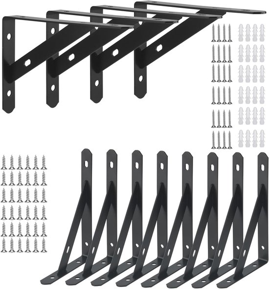 12 Stuks Zwarte Metalen Hoeksteunen 150 mm 90 Graden Voor Planken, Muurbevestiging, Stevige Plankdragers met Schroeven, Draagvermogen 30 kg