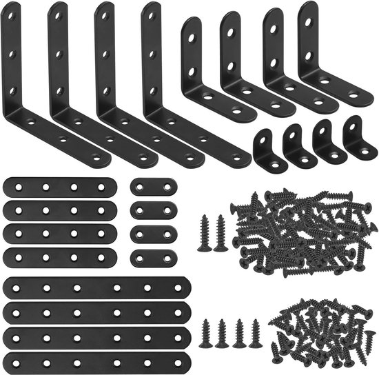 134 stuks zwarte hoekbeugelset, 24 stuks L-vormige beugel en platte beugel, metalen scharnierplaatbevestiging met 110 stuks schroeven voor houten stoel, boekenplank, raam, meubelkast