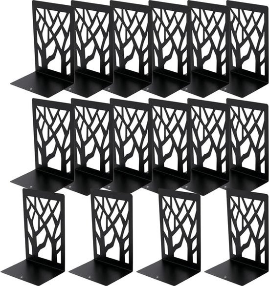 16 Pack 8 Pairs Metalen Boekensteunen met Antislip Pads - Zwarte Decoratieve Boekensteunen