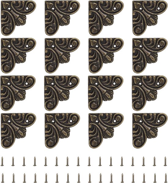 16 stuks hoekhoeken plat vintage 3,8 cm x 2,8 cm decoratieve hoekbescherming voor bureau van metaal met schroef voor decoratieve meubels kasten, brons