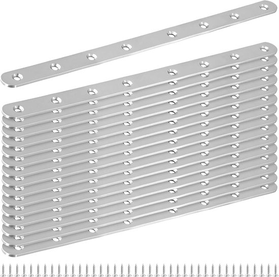 16 stuks platte connectoren van roestvrij staal, 293 x 19 mm zilveren geperforeerde platen met 128 stuks M4-schroeven, 5 mm gatdiameter houten connector metaal voor meubels, houten