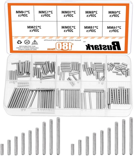 180-delige Assortiment van M2 304 RVS Dowel Pins - Cilindrische Steunpennen voor Meubelconstructie en Mechanische Toepassingen