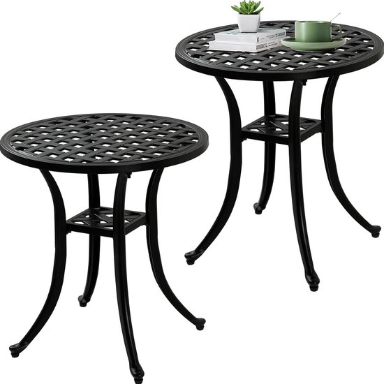19" Pack van 2 Gegoten Aluminium Ronde Bijzettafel Set van 2 Eindtafel voor Patio, Achtertuin, Zwembad, Indoor Companion, Gemakkelijk Onderhoud en Weerbestendig, Zwart