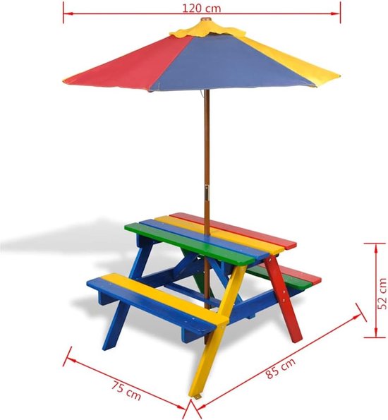 2-in-1 houten picknicktafel met zitbanken en parasol, meerkleurig, voor kinderen, stabiel en kleurrijk design, comfortabele banken aan beide zijden, ideaal voor games en dranken
