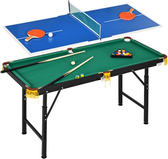 2 - in - 1 pooltafel - tafeltennistafel - met accessoires - 140x63x80cm - blauw/groen