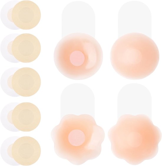 2 Pairs Silicone Push Up Bra en 5 Pairs Ademend Nipple Covers, Herbruikbare en Onzichtbare Bh zonder Bandjes, Nipple Cover voor Comfort en Ondersteuning