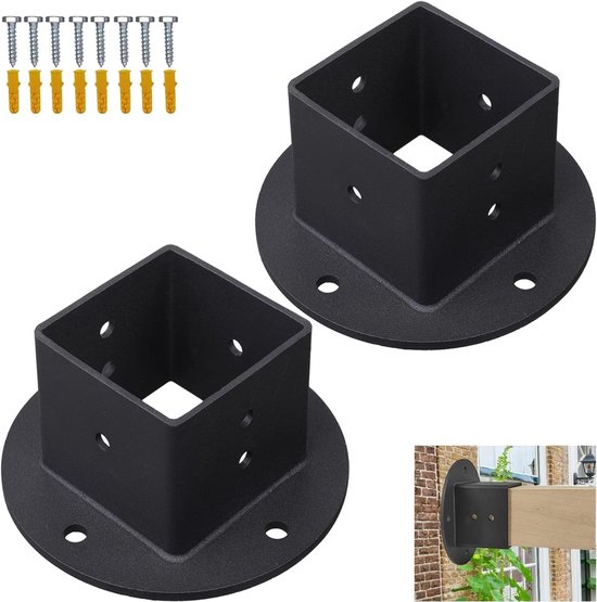 2 stuks 2 x 2 vierkante Fence Pole Flange Base Pergola Post Base Brackets Kit, Heavy Duty Black Wandmontage Postanker voor Deck Railing Postbox