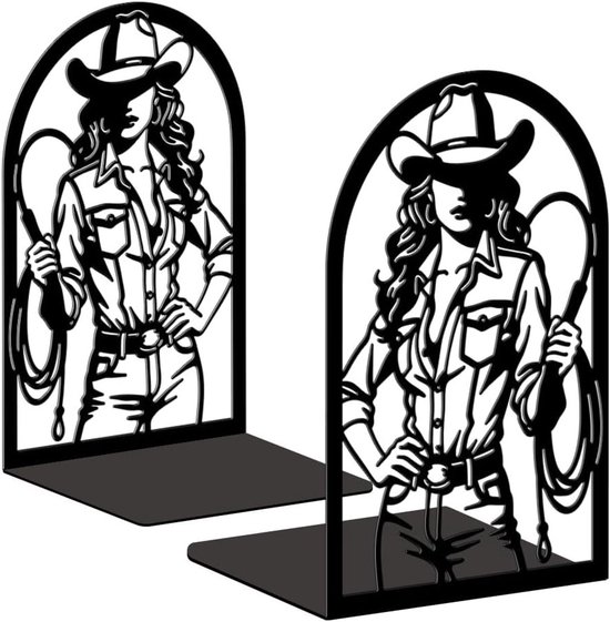 2 Stuks Boekensteunen van Metaal, Cowgirl Boekenkast Decoratie met Hoed en Zweep, Antislip Stickers voor Slaapkamer, Bibliotheek en Kantoor