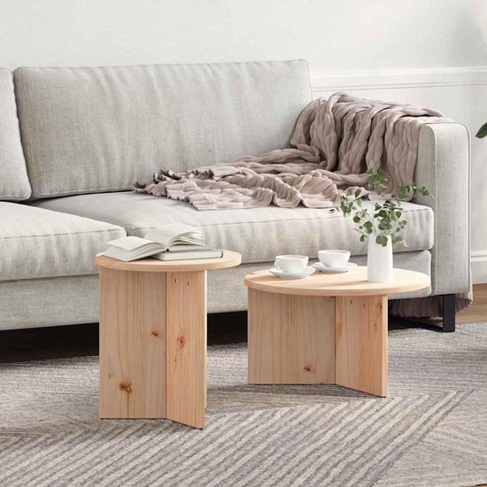 2 stuks van massief grenen naturel met ronde vorm en nestfunctie, minimalistische bijzettafel voor de woonkamer met strakke lijnen en compact formaat