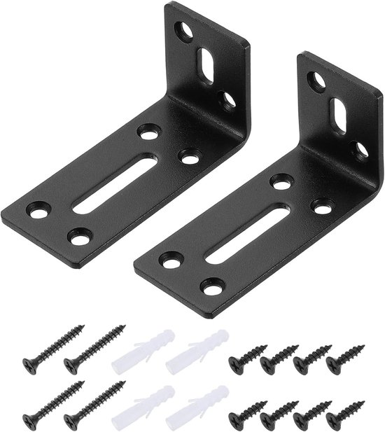 2 stuks verstelbare L-vormige hoekhoek, 40 x 80 x 35 mm, L-hoekhoek, sleufverbinder, hoekhouder met schroeven voor bevestiging van meubels, houten planken, kastrek, zwart