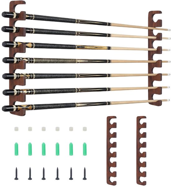 2 stuks wandmontage zwembad stickhouder, houten zwembad keu rek wandgemonteerde biljart keu houder pooltafel accessoires organisator houdt tot 7 keuen stok voor biljartkamer of club, 43,1 x 7
