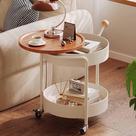 2-Tier Wit Metalen Eindtafel, Roterende Houtnerf Desktop, Verborgen Opslag & 360° Rolling Wielen voor Slaapkamer