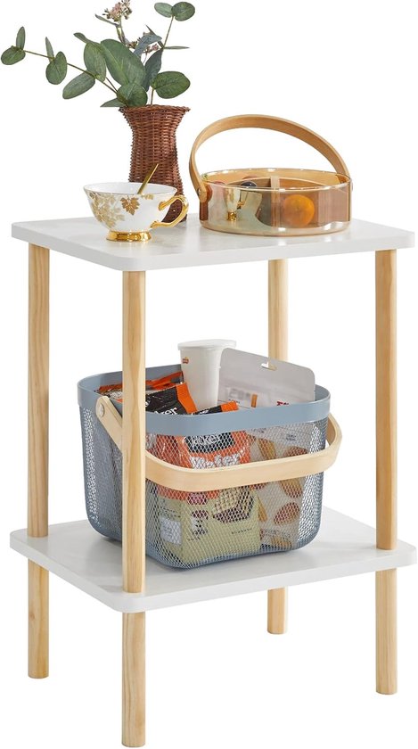 2-Tier zijtafel, smalle eindtafel met opbergplank, nachtkastje voor kleine ruimtes, slaapkamer, woonkamer, entree, boerderijstijl, geen gereedschap nodig voor montage, wit WST002W