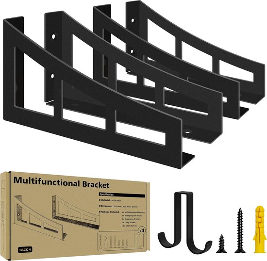 20 cm zwarte plankhouders, zware belasting, 4 stuks, stabiele wandhouder, plankhoek, 90 kg draagvermogen, inclusief extra haken