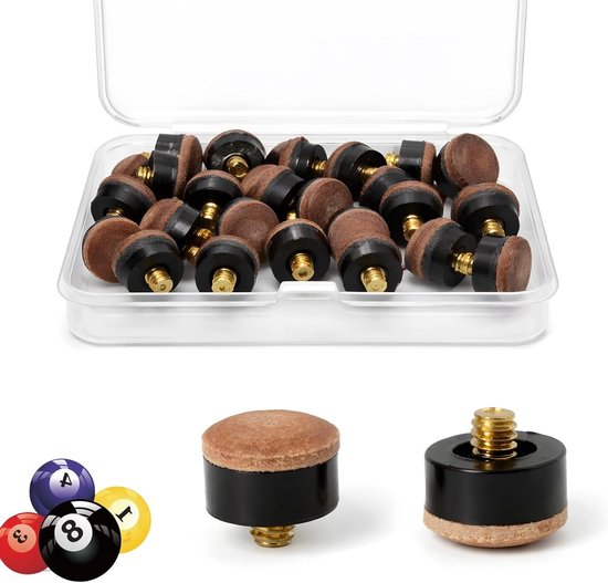 20 stuks biljartkeu-punten 12 mm en 13 mm, reserveset met opbergdoos, hoogwaardig kunstleer, antislip voor betere balcontrole, ideaal voor biljart, pool en snooker