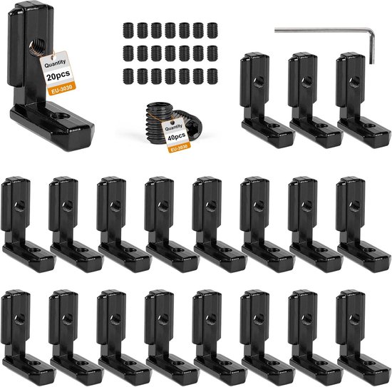 20 stuks binnenhoekconnectoren aluminium profiel, 3030 T-groef, 90° L-vormig profiel, aluminium hoek, T-sluiting, hoekconnector voor 30-serie, Europees standaard aluminium profiel met 40