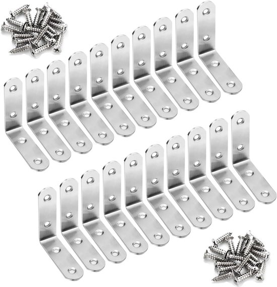 20 stuks hoekbeugels roestvrijstalen hoekbeugels, 90 graden hoekbeugel met 80 schroeven, metalen beugels voor het bevestigen en repareren van houten meubels (zilver, 50*50*20mm)