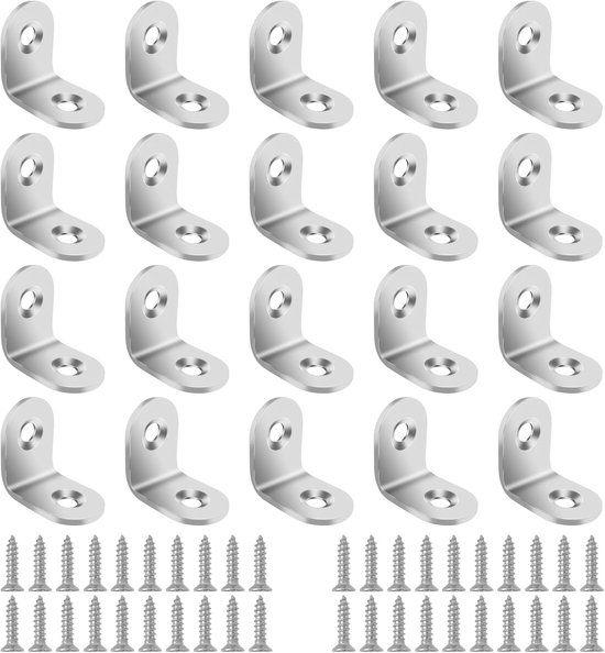 20 stuks hoekklemmen, 20 x 20 x 16 mm, roestvrij staal, L, haakse hoekverbinder, 90 graden, met 40 schroeven, zilver