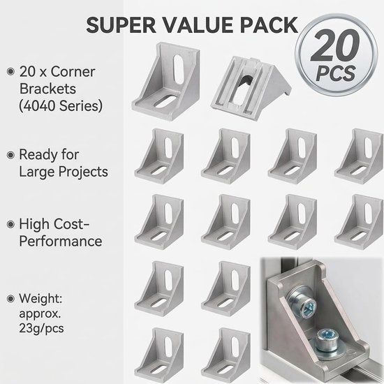 20 stuks hoekverbinders 40 x 40 cm 90 graden hoekhoek aluminium hoekverbindingen incl. schroeven en hamermooter, robuust bevestigingsmateriaal voor 3D-printer CNC-router, doe-het-zelfprojecten