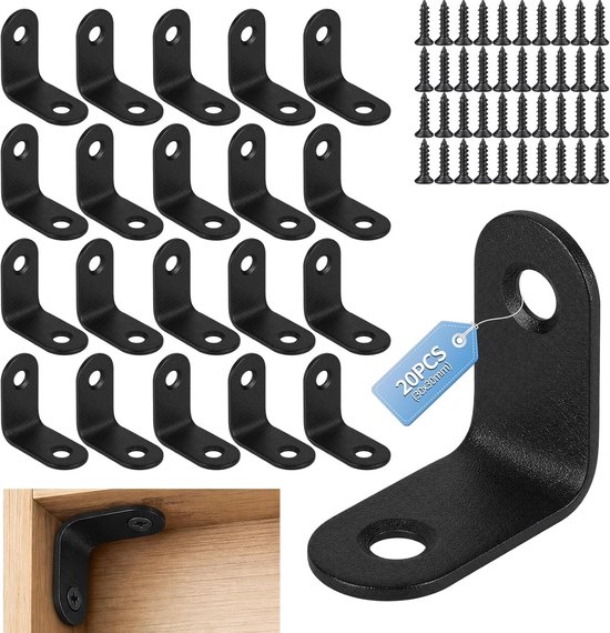 20 stuks hoekverbinders, zwart, 30 × 30 × 16 mm, roestvrij staal, stabiel | Montagehoek, 90 graden, L-vormig, met 40 schroeven, 2 gaten, eenvoudig te monteren, voor tafel, stoel, voor kasten