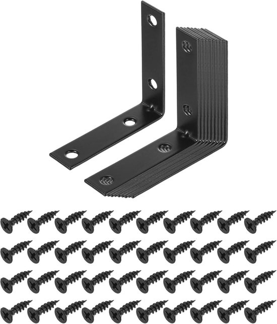 20 stuks L-hoekbeugel, metalen verbindingsstukken, haakse hoekhouders met schroeven, voor houten planken, zwart, 60 x 15 x 60 mm