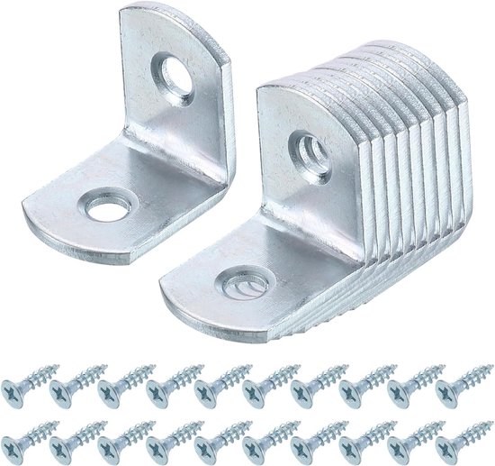 20 stuks L-hoekhoeken, metalen verbinders, haakse hoekklemmen met afgeronde hoeken en schroeven voor houten planken, zilver, 20 x 15 x 20 mm