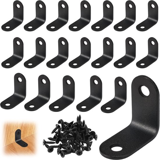20 stuks metalen hoeken, zwart, 30x30x16 mm, met 40 schroeven - Roestvrijstalen hoekconnectoren, 90° L-vormig, stevig en duurzaam, ideaal voor houten meubels en kasten