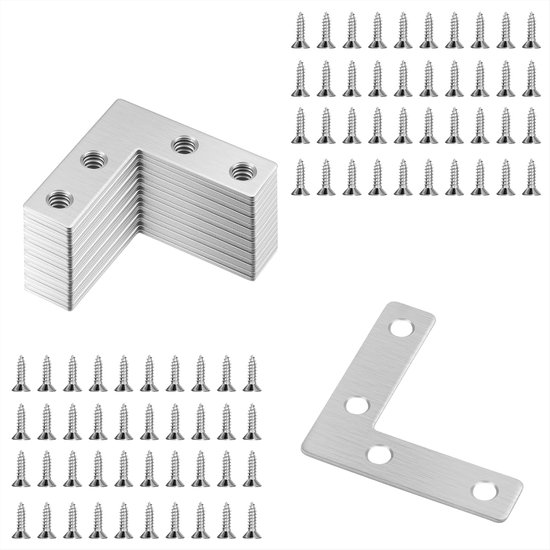 20 stuks, platte hoeken, metalen hoekklemmen, 50 x 50 mm, L-vorm, meubelhoek met schroeven voor versterking en reparatie van meubels