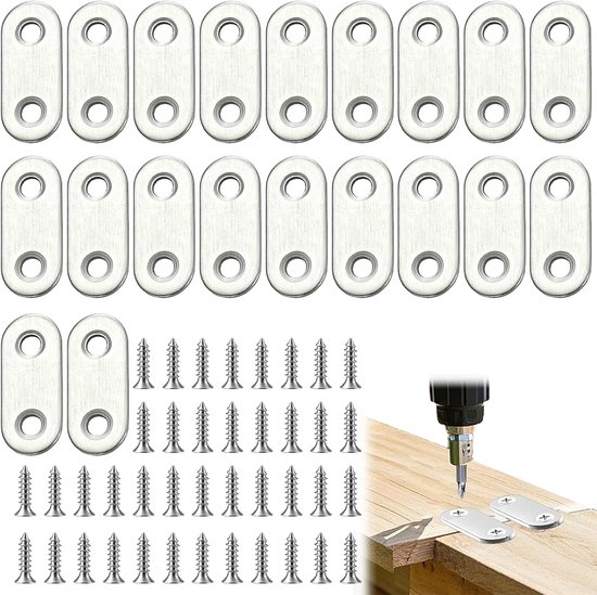 20 stuks roestvrijstalen flakke verbindingen (16×46 mm) in zilver – sterk, corrosiebestendig & universeel toepasbaar voor meubelreparatie, versterking en DIY-houtprojecten