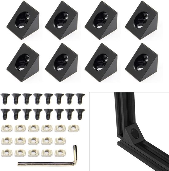 2020 Aluminium Hoek Hoek Beugel met M5x10mm Schroeven en T-Moeren voor 6mm Slot 2020 Serie Aluminium Extrusie Profiel, 8 stks/pak (Zwart-Hoek Hoek)